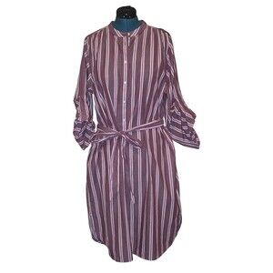 Lands End Red Pinstripe 3/4 Accordian Sleeve Button Up Midi Shirt Dress Sz 1X